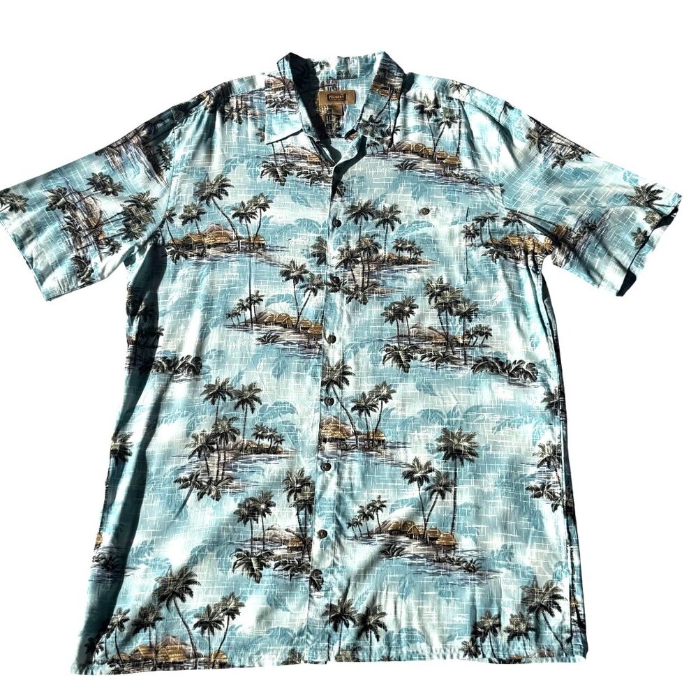 Mens Hawaiian Shirt XLT Blue Palm Tree Hut Beach Tropical Short Sleeve Button-Up